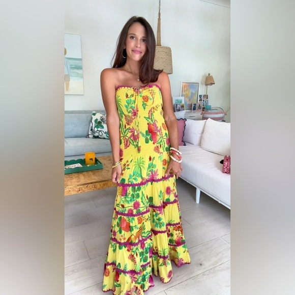 Farm Rio Delicate Fruit Garden Yellow Smocked Strapless Halter Tiered Maxi Dress - Picture 3 of 14